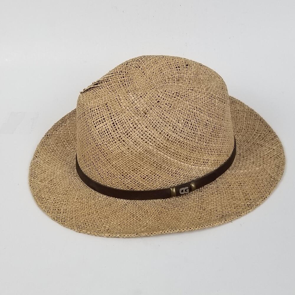 Country Gentleman Hat Fedora Fitted Mens Large Natural Straw Brown Leather Band‎